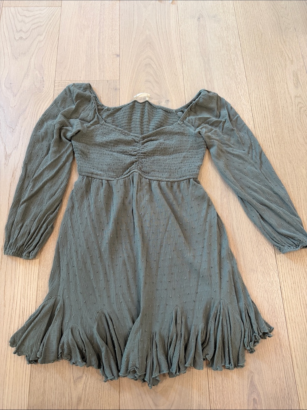 Altar'd State Olive Green Long-Sleeve Ruffle-Hem Dress Size Medium